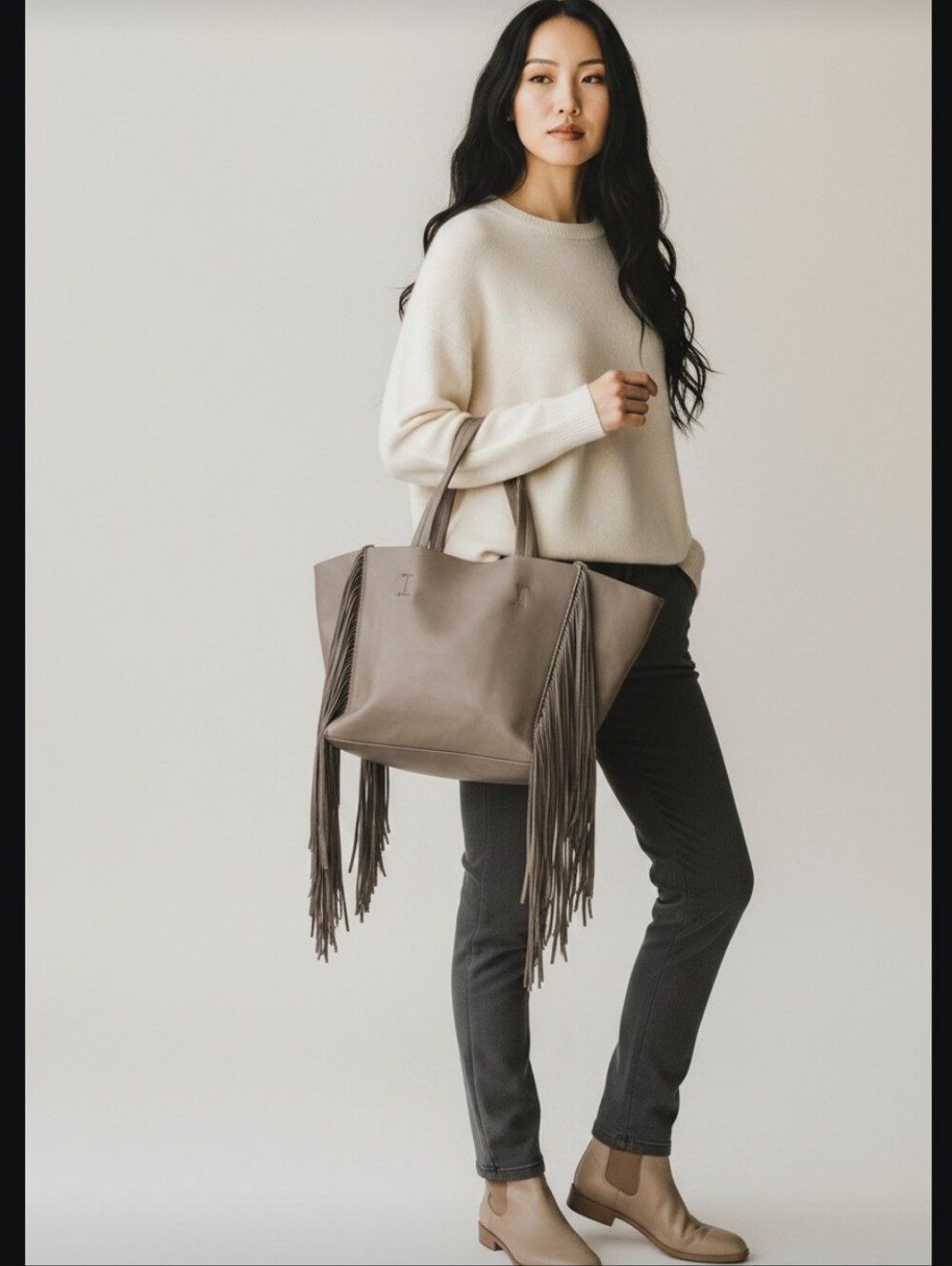 Remi & Reid Taupe Fringe Leather Bohemian Tote - Women